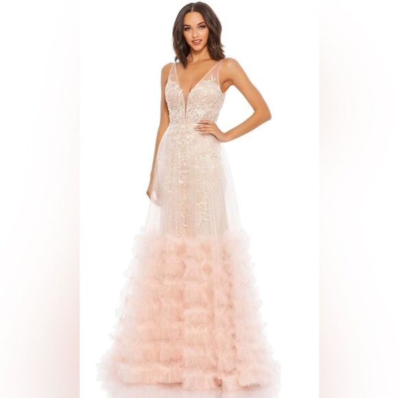 $998 Mac Duggal 11183 Lace Ruffle Tiered Plunge Neck Gown Dress Peach 4 - Picture 2 of 13